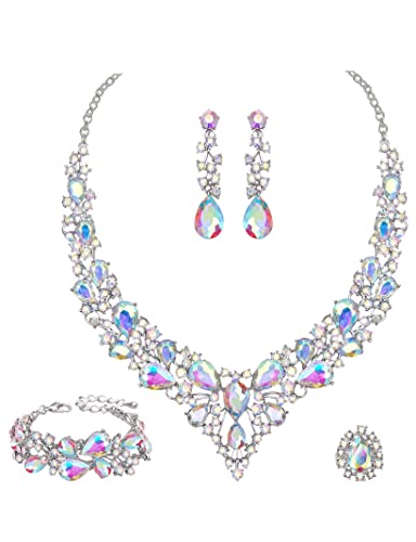 CSY 4 Pcs/Set Austrian Crystal Necklace Earrings Bracelet Ring Bridal Jewelry Sets for Brides Wedding Party Costume Accessories Gifts for Women - color: Iridescent AB Crystal - Silver tone