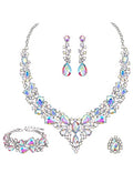 CSY 4 Pcs/Set Austrian Crystal Necklace Earrings Bracelet Ring Bridal Jewelry Sets for Brides Wedding Party Costume Accessories Gifts for Women - color: Iridescent AB Crystal - Silver tone
