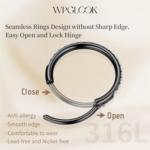 2Pcs Nose Ring Hoop Set: 14G 16G 18G 20G 316L Surgical Steel Septum Rings Hypoallergenic Body Jewelry 6/7/8/9/10/12MM Cartilage Earrings for Women Men - color: Black-2pcs cz rings