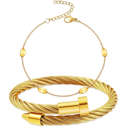 2PCS 18K Gold Plated Nail Bangle & Chain Bracelet Set for Women, Adjustable Stackable Bangle Jewelry, Dainty Gold Bracelet Gift for Women - color: Set E