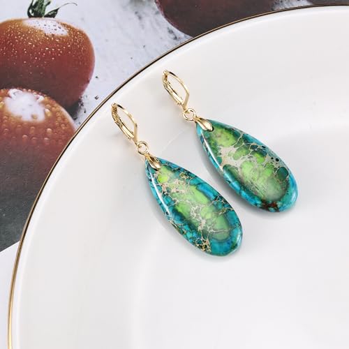 XGALBLA Boho Long Teardrop Stone Dangle Drop Earrings for Women Natural Healing Stone Leverback Earrings Statement Gold Tone - color: Green- Golden Leverback