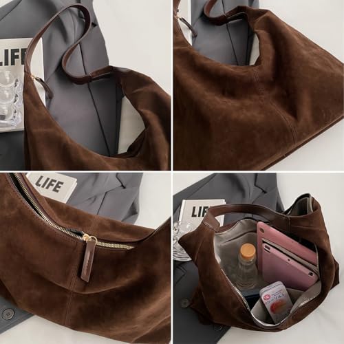 Womens Fashion Suede Shoulder Bags Large Tote Bag Retro Purse Handbag Casual Work Ladies Top Handle Satchel - color: B-black1