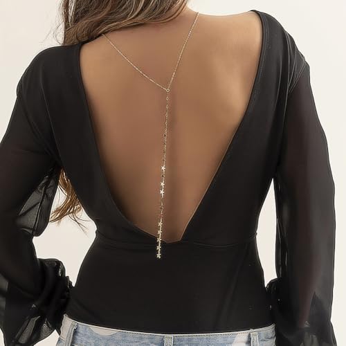 Star Sequin Backdrop Necklace for Women Backless Dress Back Necklace Stars Drop Back Chain Body Jewelry - color: Gold