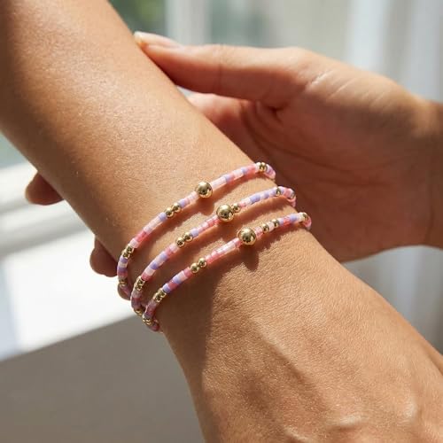Dainty Gold Plated Tiny Ball Colorful Beaded Stack Bracelets Sets for Women,3Pcs Stackable Cute Bracelet Stretch Trendy Ball Jewelry Friendship Gift - color: pink