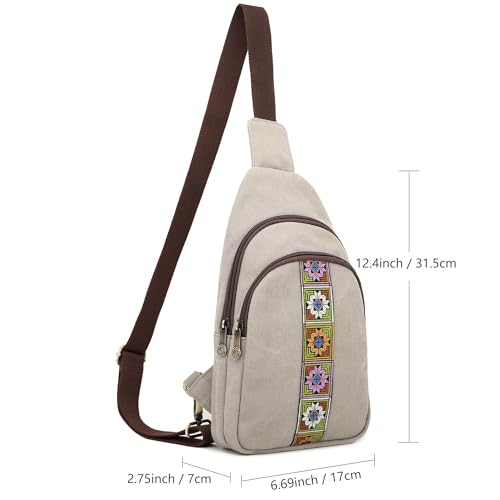 SILKAREA Canvas Sling Bag for Wome Crossbody Purse Small Sling Backpack Purse Travel Hiking Chest Bag Daypack - color: Light Grey