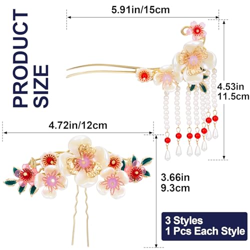 HINZIC Camellia Flower Tassels Hairpin Set for Women, Non-Slip Rhinestone Pearl Clover Hair Clips Headpiece, Retro Chinese Hanfu Wedding Brides Hair Accessories for Long Hair - color: White