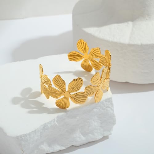 WOWORAMA Chunky Gold Cuff Bracelets for Women Vintage Gold Flower Butterfly Bracelet Trendy Boho Wide Open Cuff Bangles Matte Statement Bracelet - color: Gold Flower