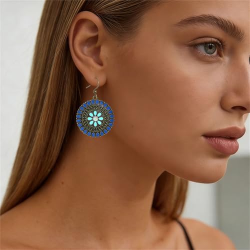 MALOYANVE Vintage Boho Circular Flower Dangle Earring, Handmade Bronze Tribal Round Enamel Floral Drop, Bohemian Ethnic Statement Jewelry Gift for Women - color: Blue