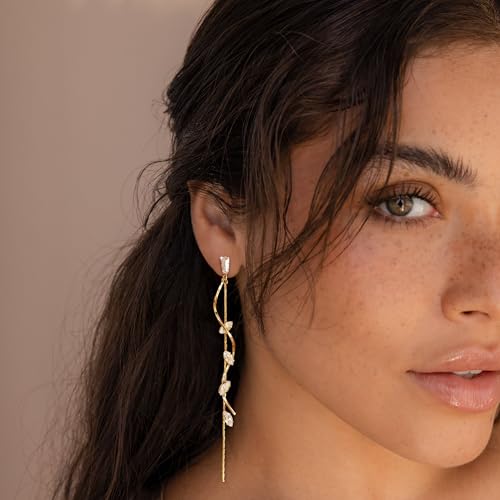 Robaice Gold Long Prom Earrings for Women, 14K Gold Plated Pearl Dangle Drop and Chain Tassel Threader Earrings Dangling，Rhinestone Zirconia Hypoallergenic Bride Party Prom Gold jewelry，Women Gifts - style: C-dangle twist drop，CZ