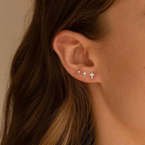 VRIUA 20G Tiny Flat Back Earrings for Women - 14K Gold/Silver Plated Small Flat Back Stud Earrings Hypoallergenic Cartilage Helix Piercing Jewelry - color: 4/5/6mm-Cross Flat Silver