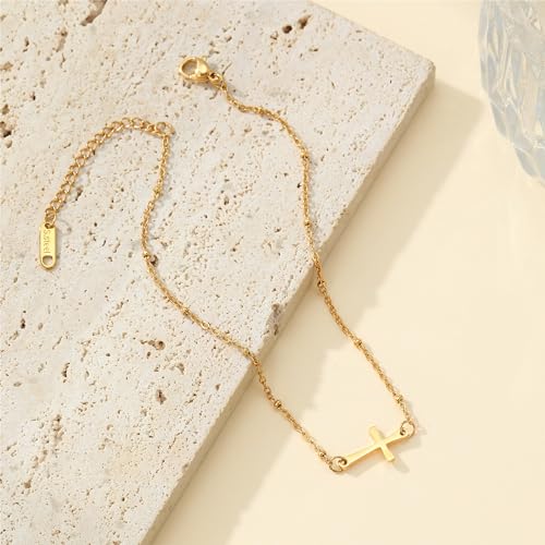 Cross Anklets for Women, 18K Gold Plated Dainty Ankle Bracelets with Colorful Beads Pearl Anklet, Adjustable Religious Christian Satellite Cross Chain, Waterproof Boho Summer Beach Jewelry - style: Satellite Cross-Gold