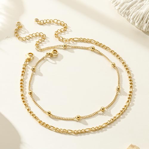 Ritach Ankle Bracelets for Women - Silver/Gold Plated Stainless Steel Anklets for Women Waterproof Layered Cuban Link Figaro Chain Heart Anklets Set Summer Beach Jewelry Gifts - color: Gold-Layered Figaro & Beaded Chain