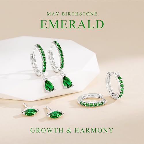 14K Gold Plated Small Huggie Hoop Earrings Set for Women, Hypoallergenic Dainty Sterling Silver Dangle Studs for Cartilage Helix, Lightweight Trendy Cute Stack Birthstone Jewelry Gift - color: 05_Emerald_May_Silver