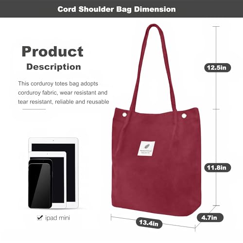 Corduroy Tote Bag for Women Small Canvas Shoulder Purse Cord Handy Bag with Inner Pocket | with Front Pocket - color: 02 Red