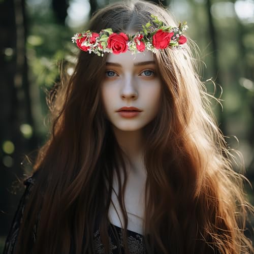 Vivivalue Women Flower Crown Rose Floral Headband Hair Wreath Floral Headpiece Halo Boho with Ribbon Wedding Party Red - color: 70