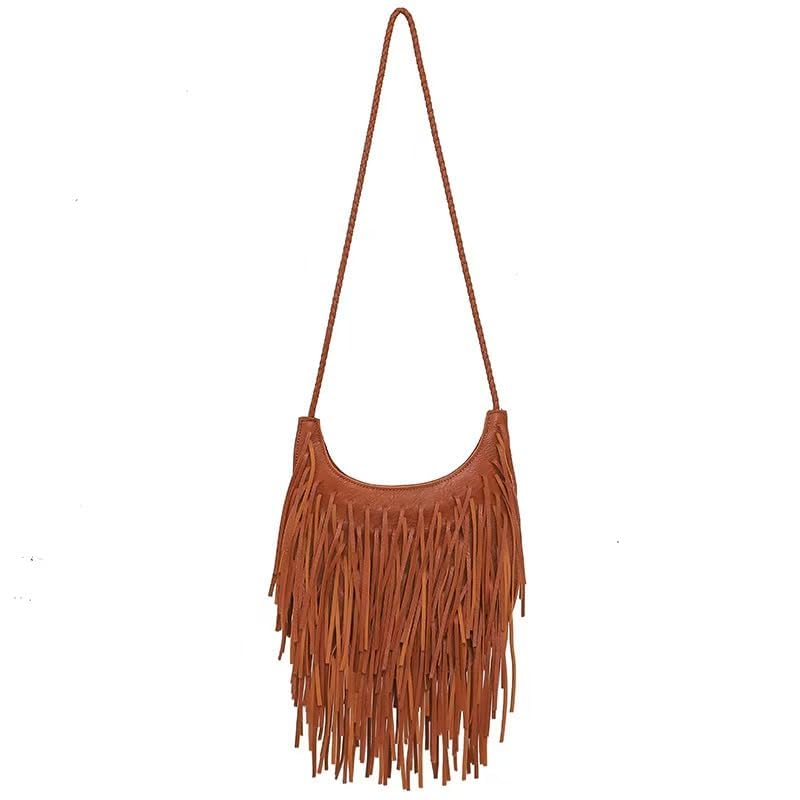 Tassel Shoulder Bag, Vintage Stylish Women PU Leather Bohemian Fringed, Vintage Hobo Crossbody Bag,Fringe Handbag - color: Black Red-3