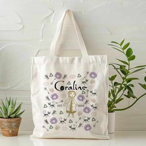 Canvas Tote Bag Aesthetic for Women,Reusable Canvas Cute Shoulder Bag for Grocery, Shopping, Beach & Daily Use - color: Coraline