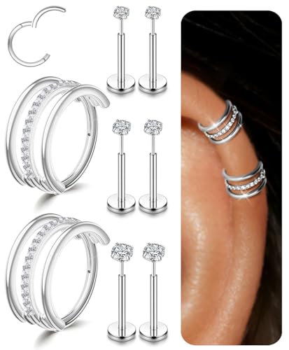 Small Cartilage Double/Triple-Hoop Helix Conch Piercing Earrings With Cubic Zirconia For Women Trendy 14K Gold Plated Titanium Surgical Stainless Steel Sets Nose Rings Hoops Septum Rings - color: Silver, style: F-4Pairs-16Gauge-Triple CZ hoop