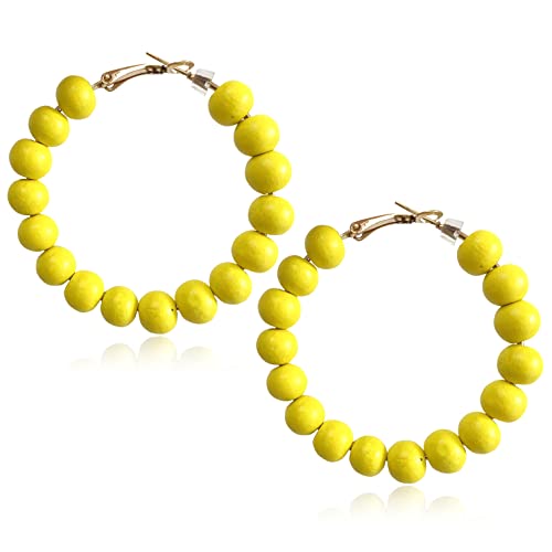 Handmade Nature Wooden Beaded Hoop Earrings Bohemian Minimalist Colorful Circle Round Wood Bead Earrings Vintage Chic Wooden Ethnic Dangle Drop Earrings for Women Statement Jewelry Gifts - color: Yellow