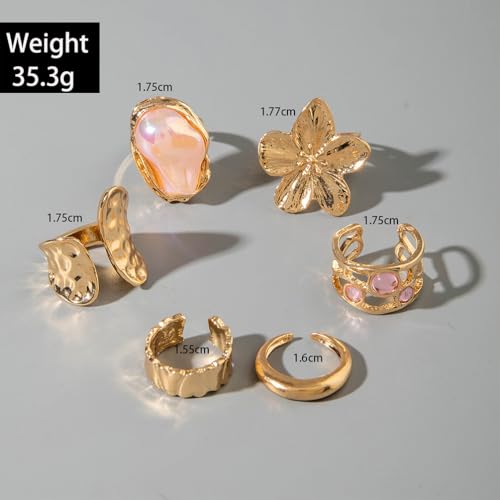 6Pcs Gold Flower Crystal Chunky Knuckle Rings Stacked for Women, Statement Stack Zirconia Hammered Geometry Irregular Baroque Pearl Open Ring Jewelry Gift - color: Light Red