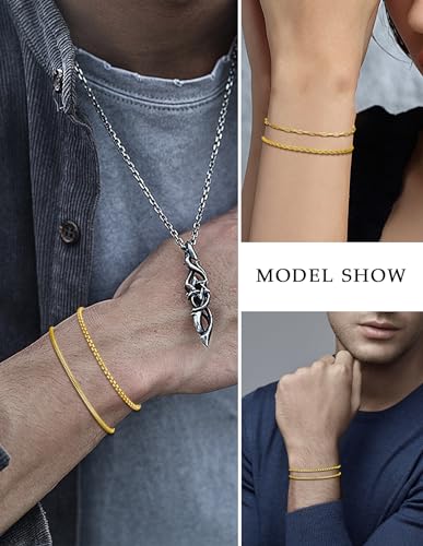6Pcs Stainless Steel Chain Bracelets for Men Women 2mm Cuban Snake Twists Rope Box Beads Paperclip Link Chain Bracelet Sets Jewelry Gifts 7 Inches Length Adjustable - style: B:6 Gold-Chains