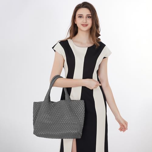 Woven Tote Bag Womens Purse Vegan Leather Shoulder Handbags Fashion Summer Beach Tote Bags Large Travel Totes - color: Gray