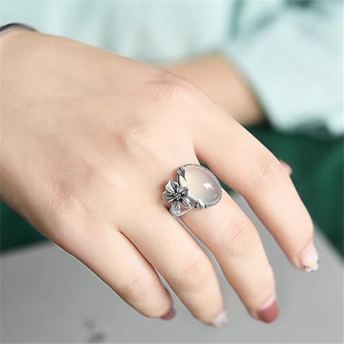 Boho Oval Stone Flower Leaf Statement Ring for Women Antique Silver Plated Vintage Crystal Plum Blossom Adjustable Open Wrap Rings Comfort Fit Retro Gemstone Art Decor Wedding Engagement Jewelry - color: White