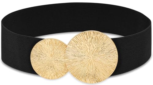 Women Wide Stretchy Waist Belts Elastic Cinch Belt for Dresses - color: Black Band Gold Buckle, size: Fit Waist 26"-28"