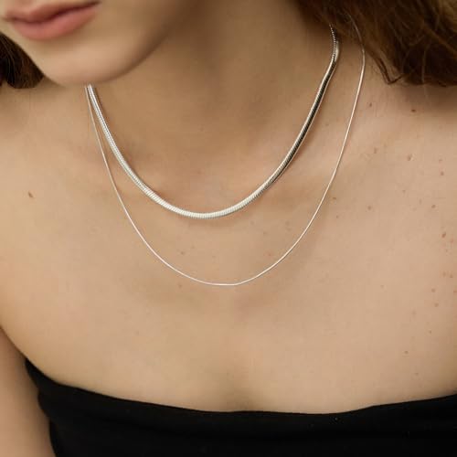 ARSIS 18K Gold Plated Herringbone Necklace Snake Chain Choker Dainty Layered Hypoallergenic Jewelry Gift for Women - color: Silver Double Layer