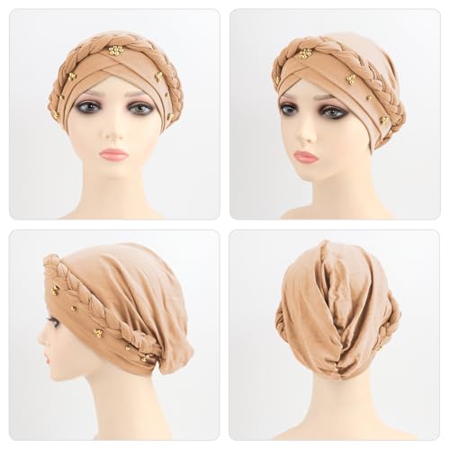 African Women Turban Caps Pre-Tied Twisted Turbans Head Scarf for Women Hair Wraps Cover Beanie Cancer Chemo Headwear - color: 1 Pack Twisted Braid: Gold Bead Khaki