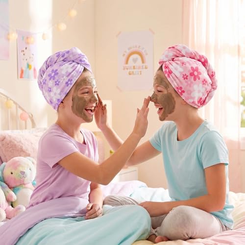 Basumee Microfiber Hair Towel Wrap for Kids 2 Pack Rapid Drying Hair Towel with Button Hair Turbans for Wet Hair Wraps Head Towel Wrap for Women and Girls - color: Pink White Purple Flowers