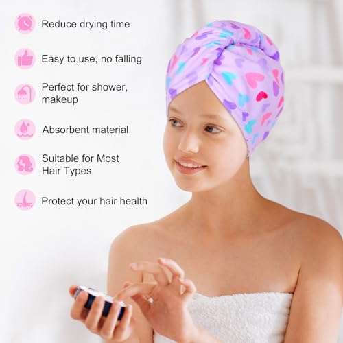 Basumee Microfiber Hair Towel Wrap for Kids 2 Pack Rapid Drying Hair Towel with Button Hair Turbans for Wet Hair Wraps Head Towel Wrap for Women and Girls - color: Pink Purple Love