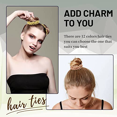 Dizila 12 Pack Stretchy Bling Glitter Sparkly Pearl Hair Ties Scrunchies Beaded Hair Elastics Decorative Thin Thick Hair Ponytail Holders Bracelet Hair Ropes Bands Beautiful Accessories for Women Girl