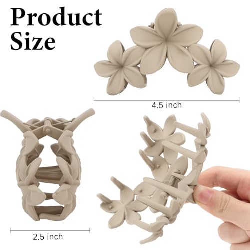 ANBALA 4PCS Hawaiian Plumeria Flower Hair Clips - Large Non-Slip Matte Claw Clips for Women, Strong Hold Beach Hair Accessories - color: brown, black, white，apricot