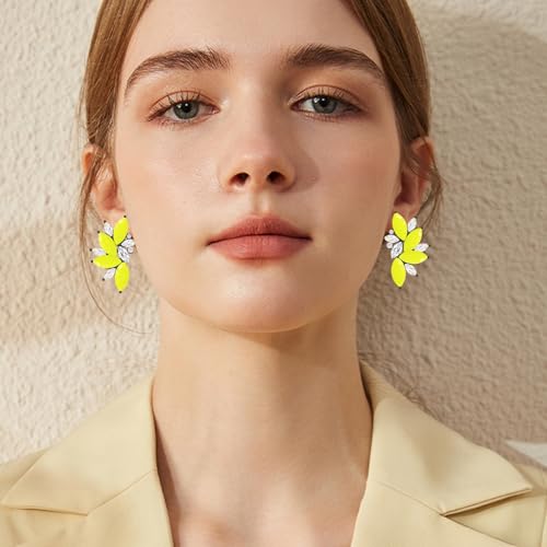Bohemian Statement Sparkly Colourful Fancy Rhinestone Crystal Flower Dangle Drop Stud Earrings Vintage Wedding Bridal Prom Earrings for Women - color: Yellow