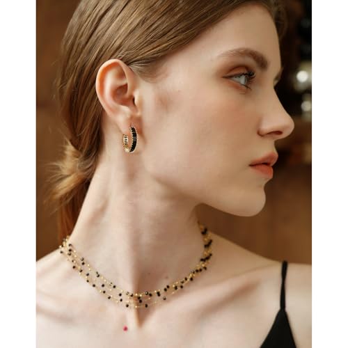 Trendy 14K Gold Plated Hoop Earrings for Women, Chunky Gold/Silver Earrings for Women Cubic Zirconia Baguette Hoop Earrings Heart Hoops Lightweight Hypoallergenic Jewelry,25mm/35mm/40mm/50mm - color: 01 Gold Black CZ Hoops 25mm