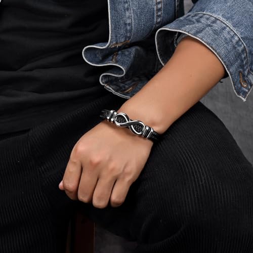 Men's Leather Infinity Bracelet Stainless Steel Number 8 Wristband Cuff Bangle Bracelets Gifts for Men, 8.3 & 9.1 inches - color: 01.Single-layers leather & silver infinity, size: 9.1inch(Size too large. Not recommended.)