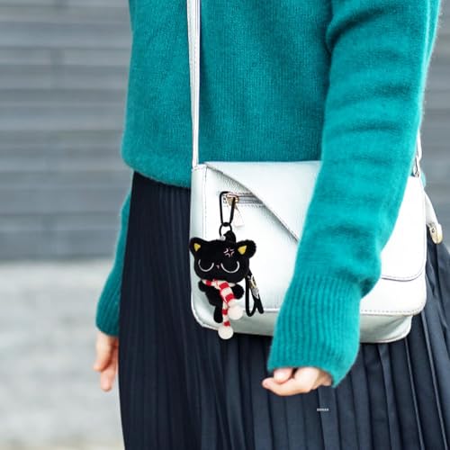 Bag Charm Cute Black Cat Plush Keychain for Handbags Backpacks Purse Keychain Accessories Charm for Cat Lover Gifts Red