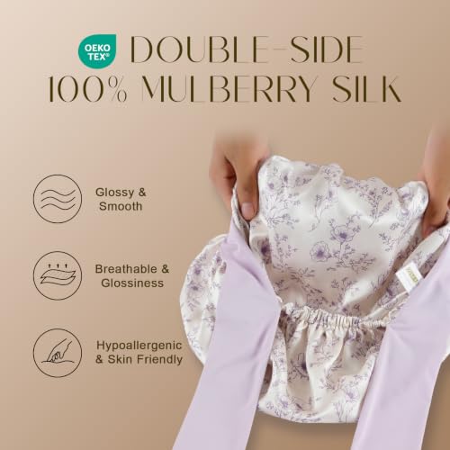 ZIMASILK 100% Mulberry Silk Bonnet for Sleeping Women Long Hair Double Layer Silk Hair Wrap with Tie Band Stay On Head (1Pc, Lilac Flower) - color: Lilac Flower