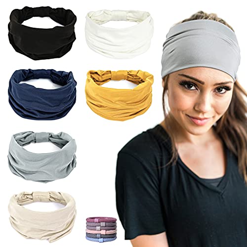 GiLi 6 Pack Wide Headbands for Women Non Slip Soft Elastic Hair Bands Yoga Running Sports Workout Gym Head Wraps, Knotted Cotton Cloth African Turbans Bandana (with 6 Pcs Hair Ties) - color: 6 Color (White+Black+Navy+Yellow+Light Grey+Skin)