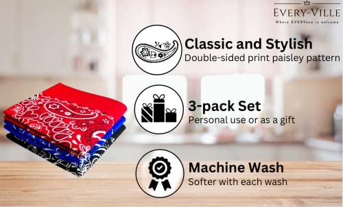 Classic Paisley Bandanas - 3 Pack Gift Set, 100% Cotton, 22x22 Inches - color: Red/Black/Blue