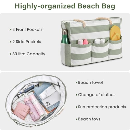 Becokan Beach Bags for Women Canvas Large Beach Tote Bag Zipper Waterproof Sandproof Foldable Swim Pool Bag with 7 Pockets - color: Light Green