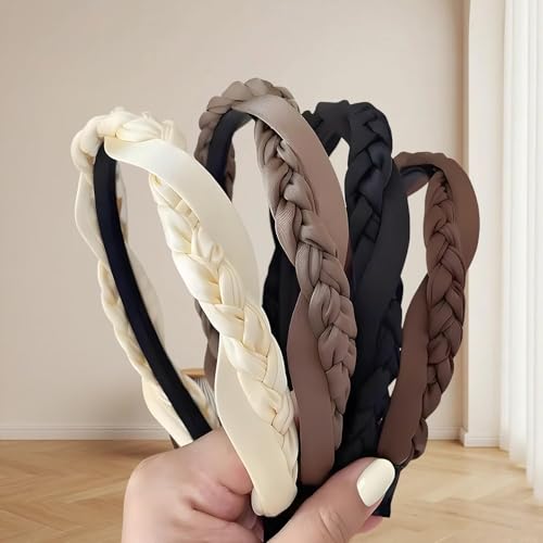 4 Pack Flexible Satin Headbands, Braided Twisted Hair Bands for Women, Smooth Gentle Texture Won't Pull Hair, Vintage Style Adjustable Headpiece - color: Type 1