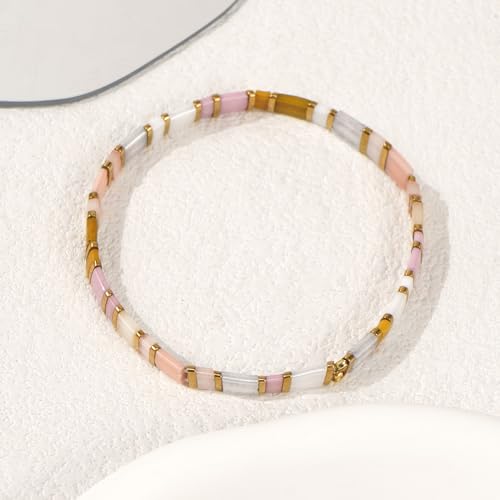 Tila Flat Beaded Stretch Bracelet for Women,Bohemian Friendship Bead Bracelets Handmade Stack Boho Jewelry Accessory for Everyday Wear, Vacation and Friend Gifts - color: pink