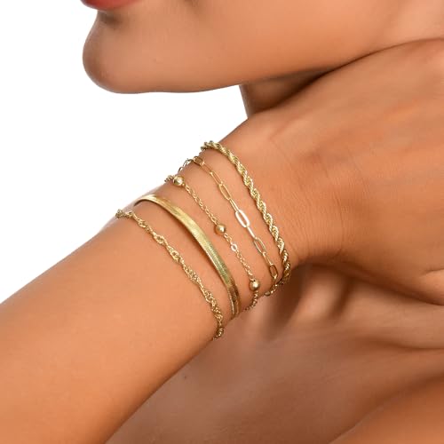 Dainty Gold Bracelets for Women, 14K Gold Plated Stackable Bracelet Set, Adjustable Beaded Cuban Paperclip Herringbone Figaro Snake Rope Chain Jewelry - style: Set8 Gold 5Pcs
