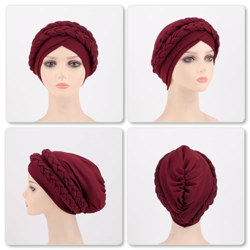 African Women Turban Caps Pre-Tied Twisted Turbans Head Scarf for Women Hair Wraps Cover Beanie Cancer Chemo Headwear - color: 1 Pack Double Twisted Braid: Red