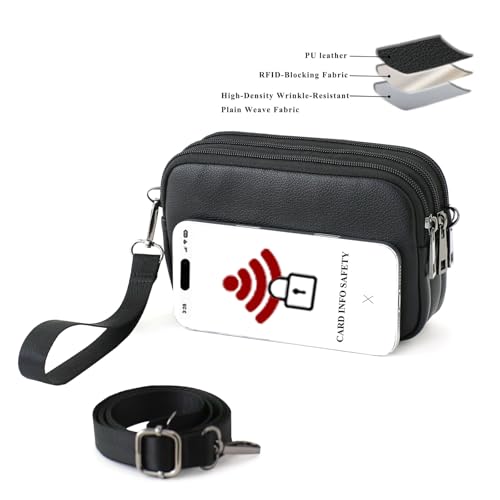 Small Wristlet Wallet for Women, 3-Zip Crossbody Phone Purse - color: Black/Pu-lychee