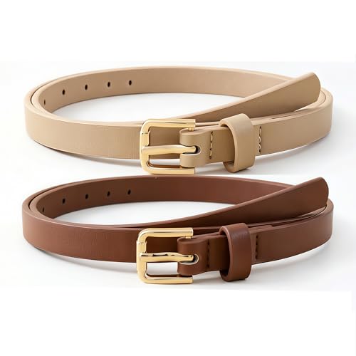 HOTWILL 4 Pack Women Skinny Belts for Jeans Dress Thin Waist Belt for Ladies - color: Gold Buckle B Black Beige Brown White, size: Small