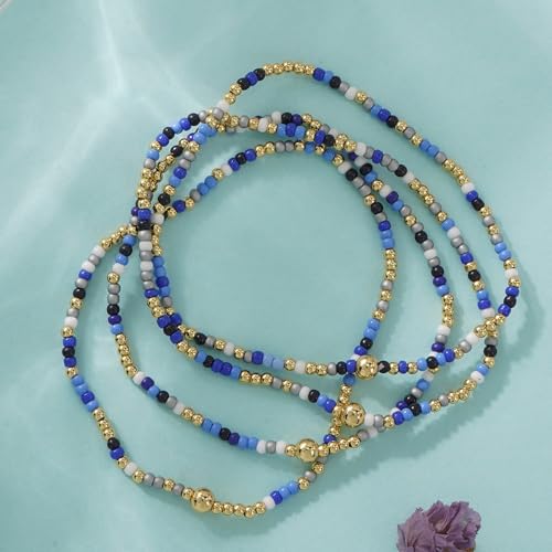 Boho 4Pcs Stack Colorful Small Seed Beaded Bracelets Set for Women, Cute Handmade Dainty Trendy Gold Plated Stretch Accessories Thin Glass Jewelry, Summer Daily Party Friendship Gift - color: Royal Blue
