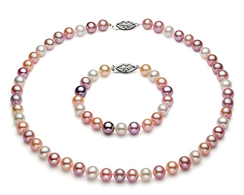 PremiumPearl Lustrous 7.5-8mm Multicolor Freshwater Cultured Pearl Set AA+ Quality Sterling Silver Clasp